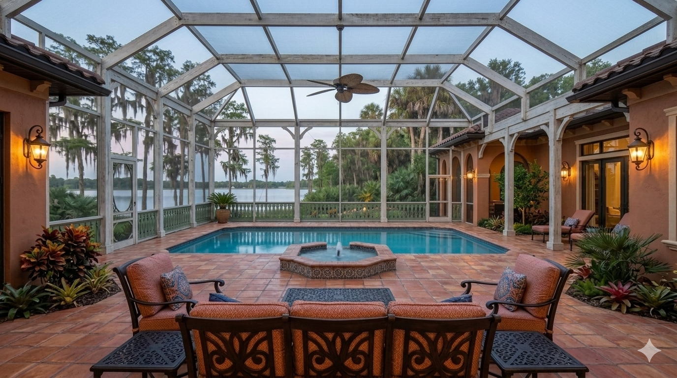 Enclosed backyard swimming pool area with a fountain, lounge chairs, potted plants, and lake view in the background during dusk.