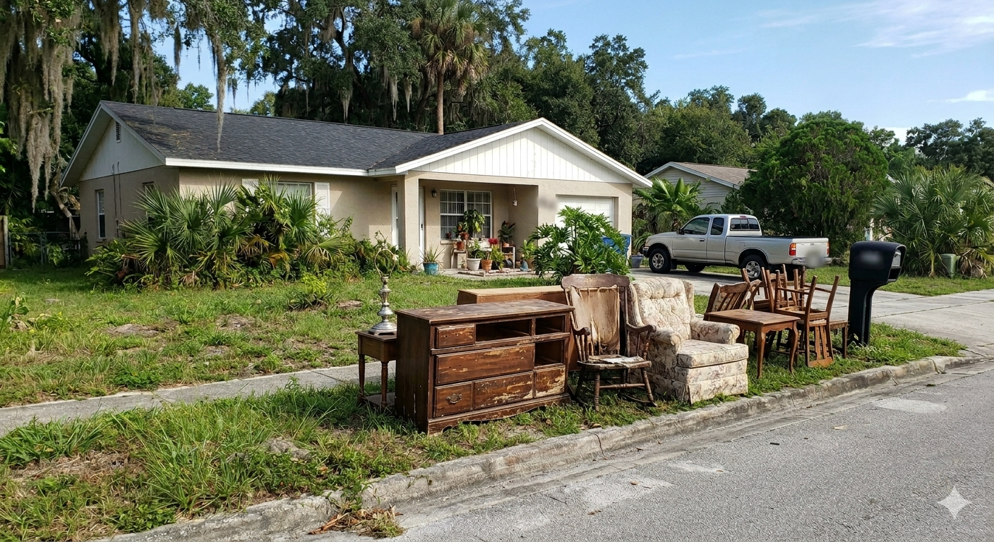 Various used furniture items, including chairs, a dresser, and a sofa, placed outside on the sidewalk in front of a house with a pickup truck nearby.