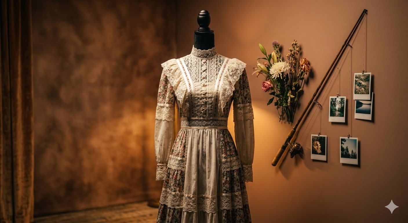 A vintage lace and floral dress on a mannequin, mounted in a softly lit room with a fishing rod and Polaroid pictures on the wall nearby.