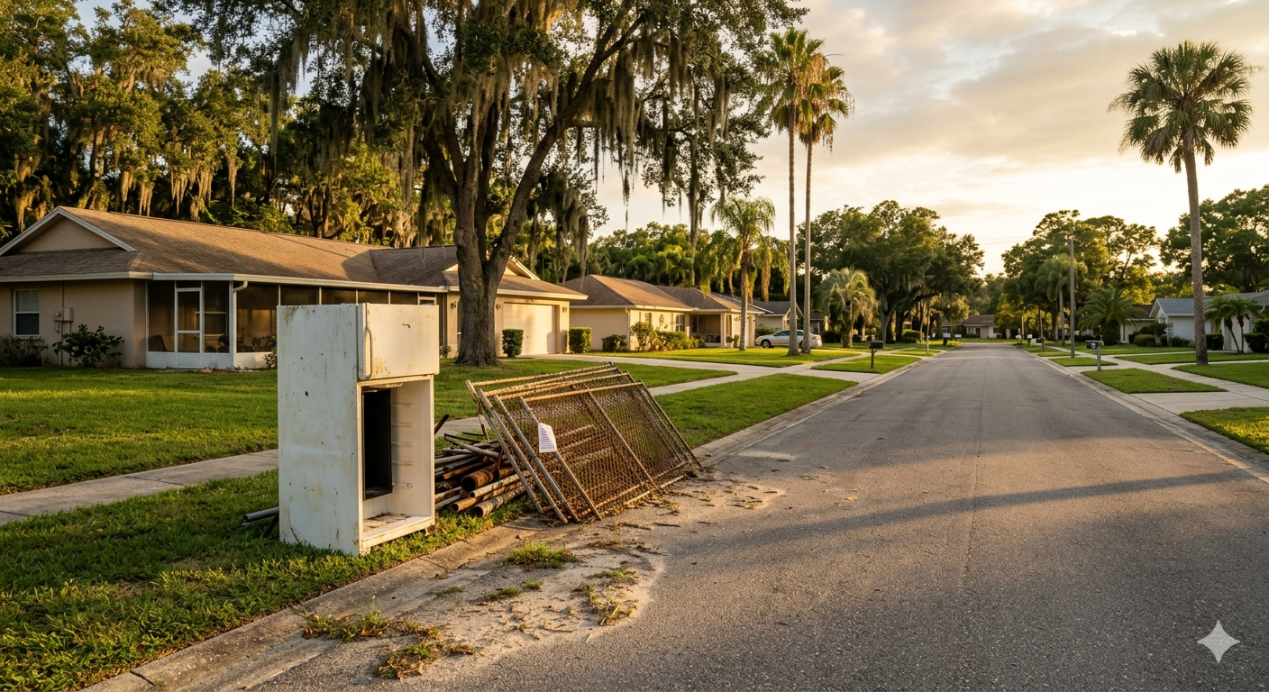 Residential street lined with single-story homes, palm trees, and lush green lawns during sunset. A vacant phone booth and discarded metal fences are in the foreground.