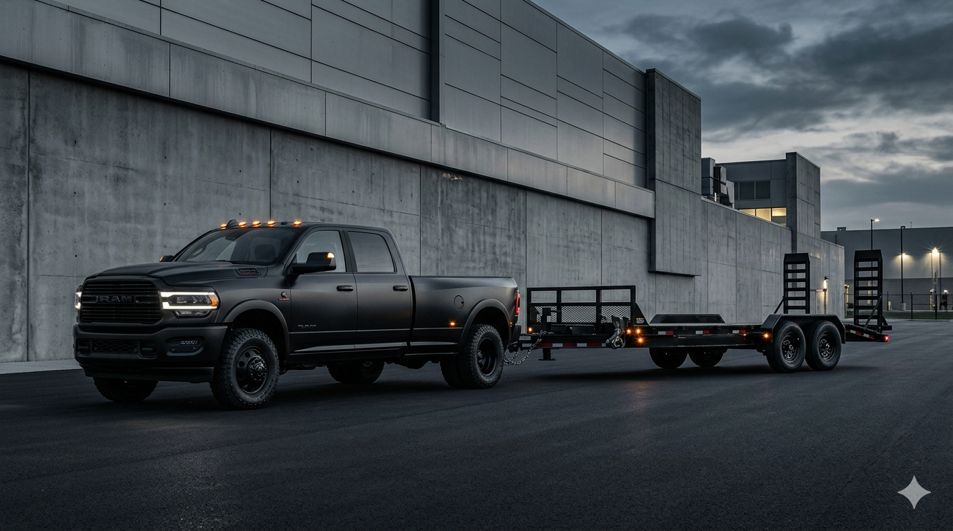 A black pickup truck attached to a flatbed trailer parked on an empty street near a modern concrete building at dusk.