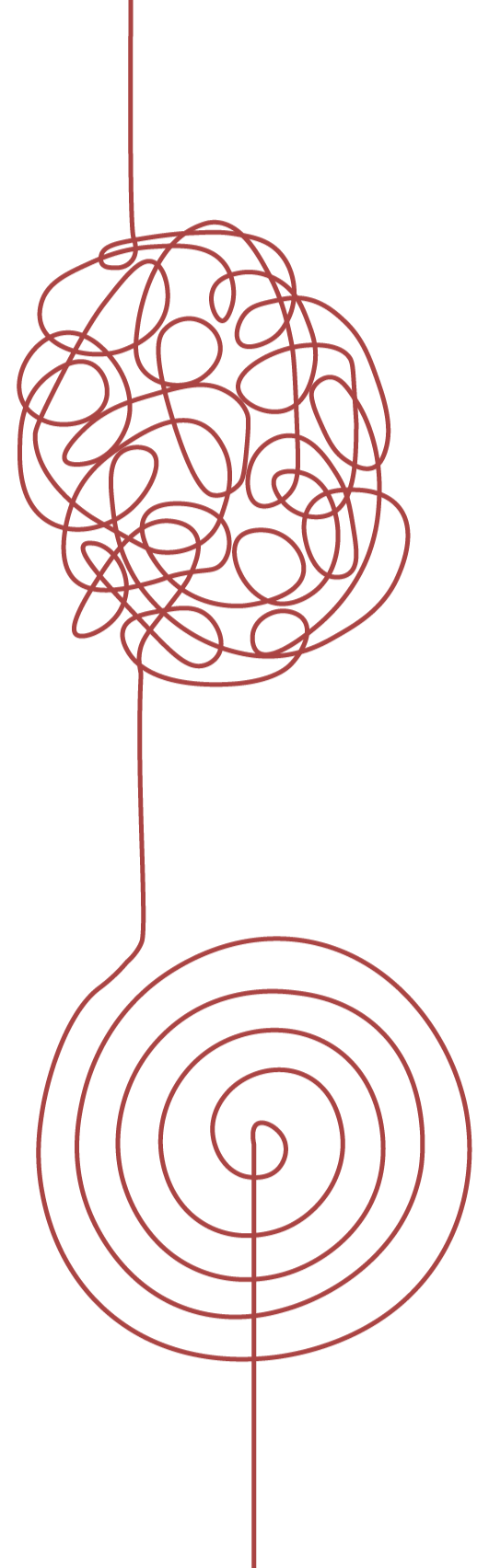 An abstract line drawing with a black background, featuring a tangled, scribbled shape at the top connected by a line to a spiral pattern at the bottom.