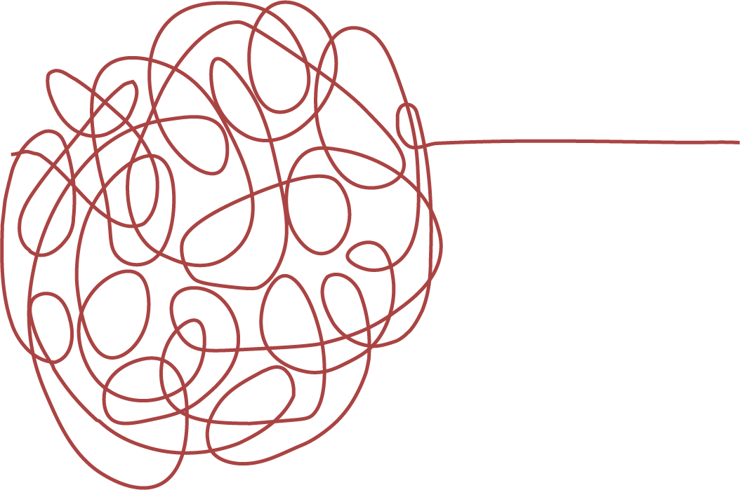 A tangled ball of red string with a single loose end extending to the right on a black background.