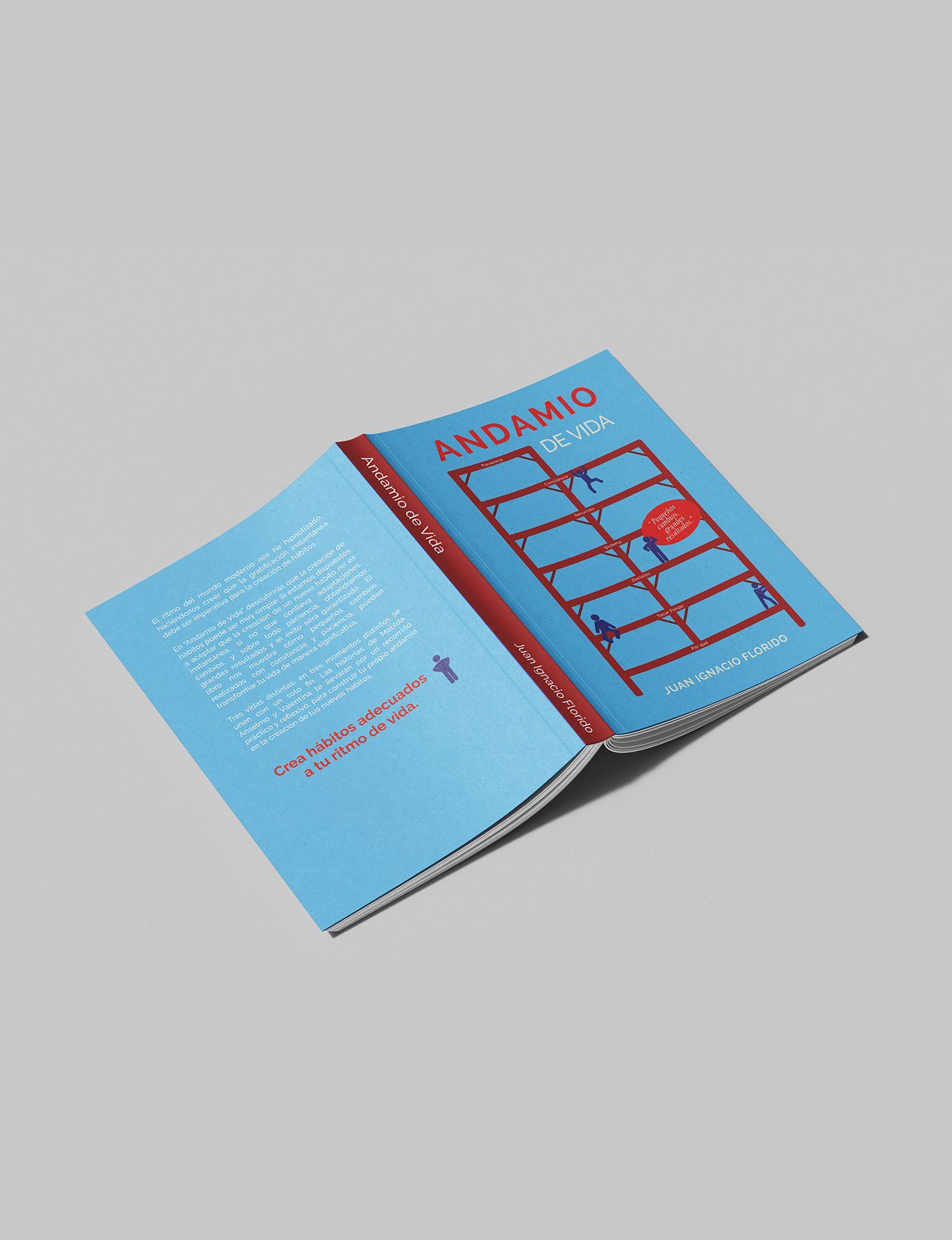 Open book titled 'Andamio de Vida' with a cover illustration of a red scaffold and blue background, displaying a person climbing, and reading 'Create good habits for your life rhythm' in Spanish.