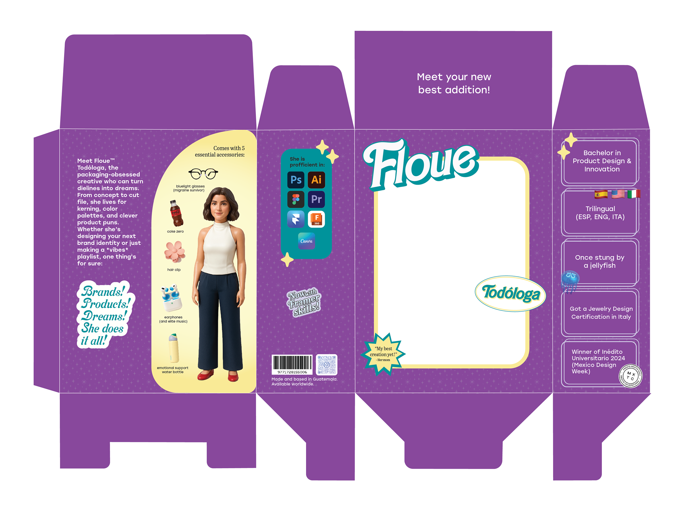 Purple packaging box for a character named Floue Todo la, featuring a woman with dark hair, wearing a white turtleneck top, and various accessories including glasses, earrings, and a water bottle, with labels highlighting her skills in graphic design and innovation, and multilingual certification information.