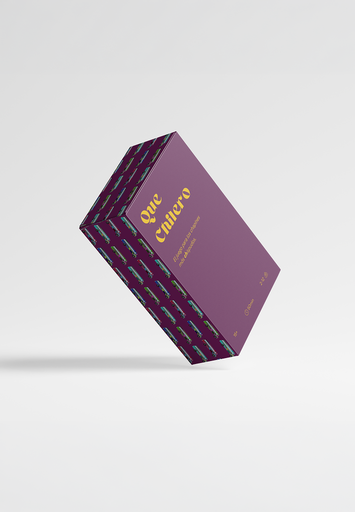 Purple box with yellow text that says 'que quiero' and additional smaller text, decorated with repeating teal and purple pattern, floating against a white background.