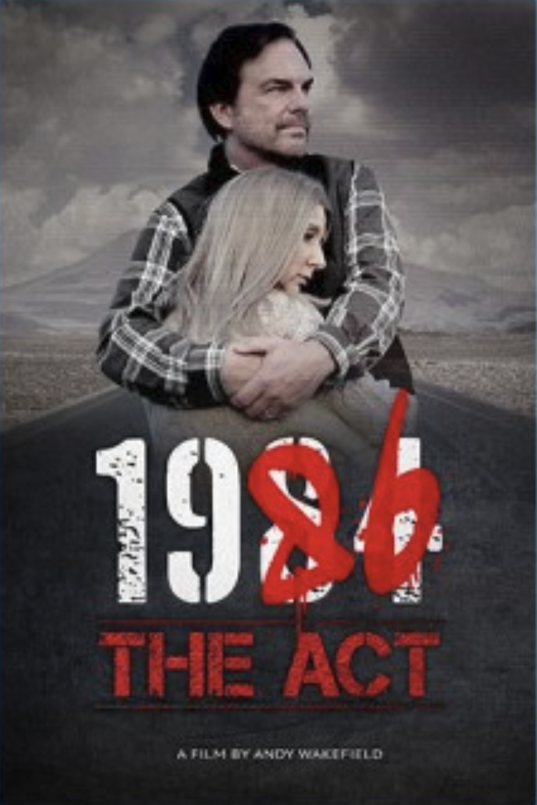 Poster for the film "1984: The Act" featuring a man and a woman embracing, with the woman holding a sheep. The background shows a desolate landscape and a dark, cloudy sky.