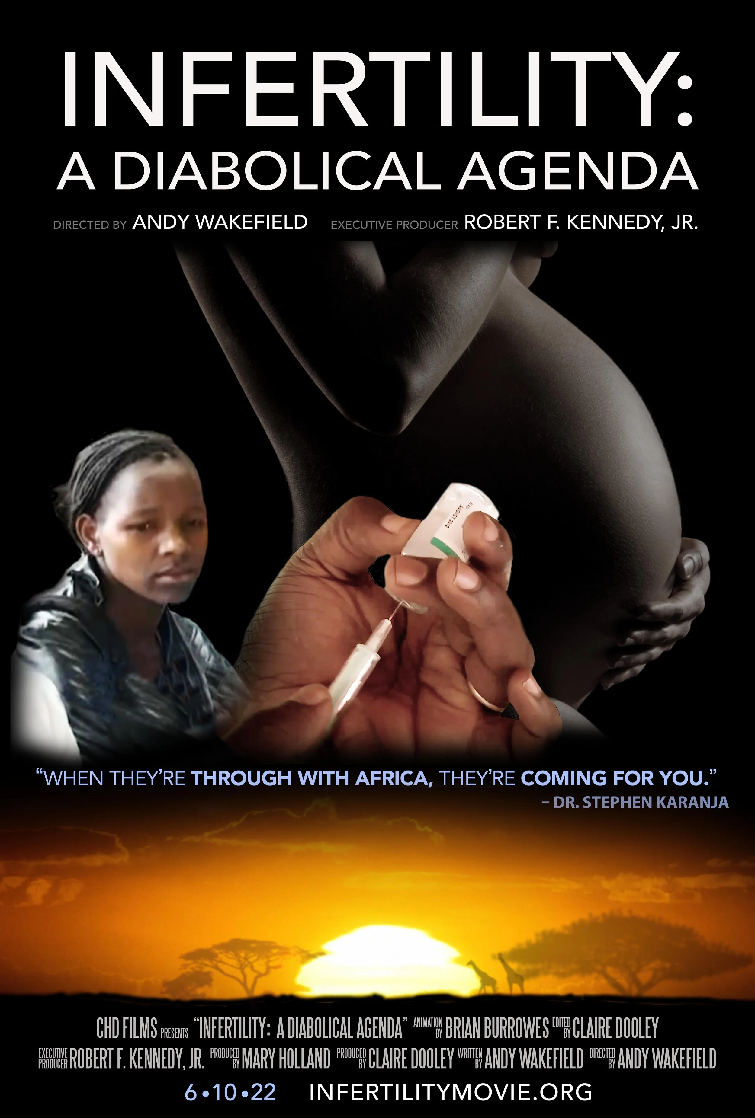 Movie poster for 'Infertility: A Diabolical Agenda' featuring a black background with a close-up of a pregnant belly, a woman holding a pregnancy test, and a person standing in front of a sunset landscape with silhouettes of trees and giraffes. The poster includes quotes and credits for the film.