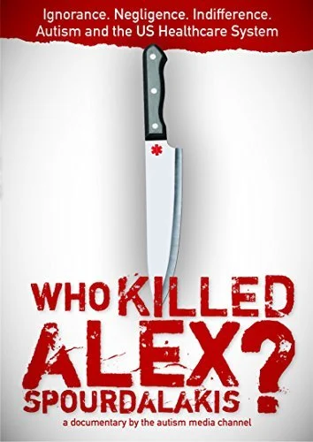 Book cover with a large kitchen knife and the text 'Who Killed Alex? Spourdakis' in bold red letters, with a red banner on top about autism and the U.S. healthcare system.