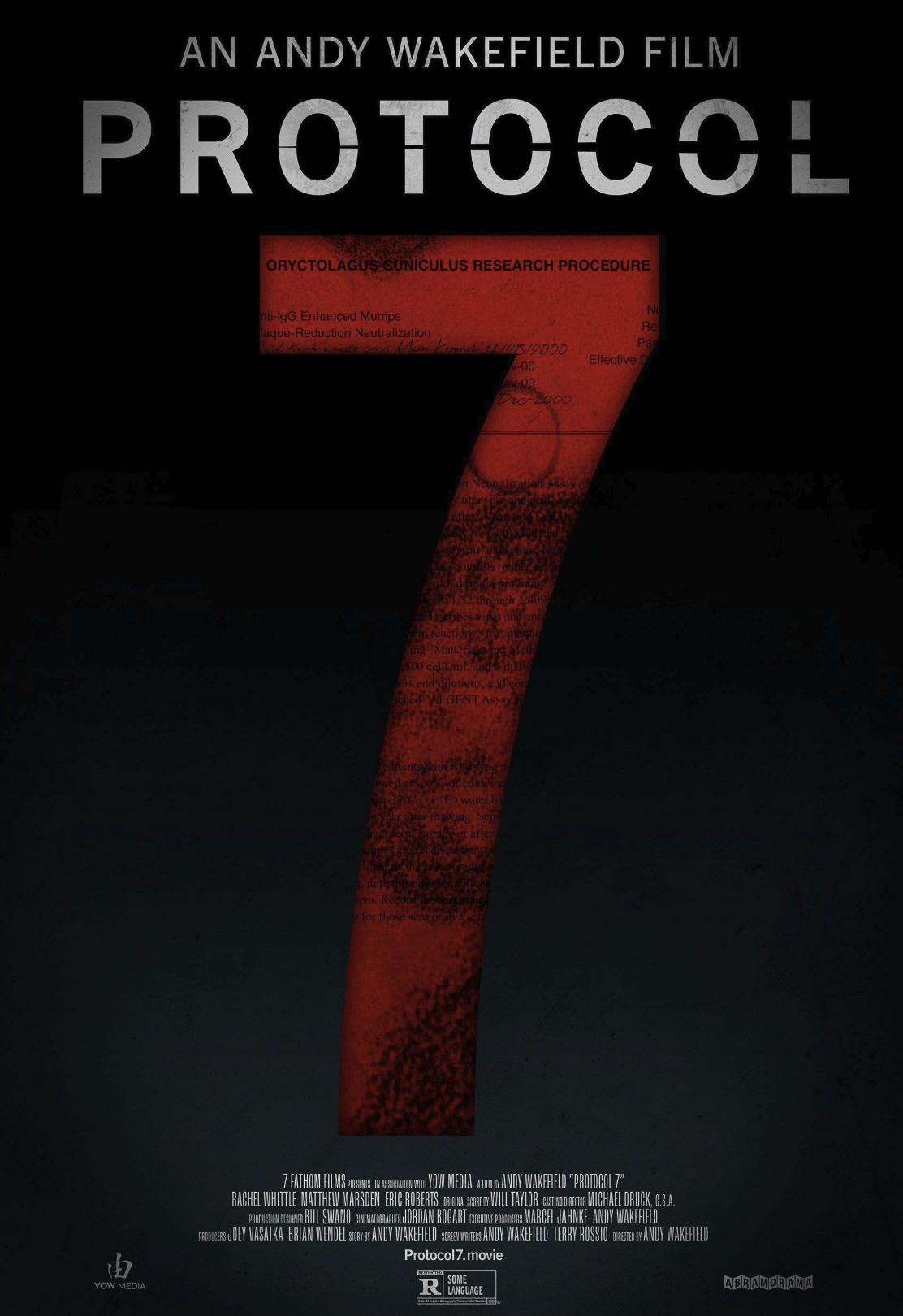 Movie poster for 'Protocol 7' featuring a large red number 7 against a black background, with text indicating it is an Andy Wakefield film and various production credits.