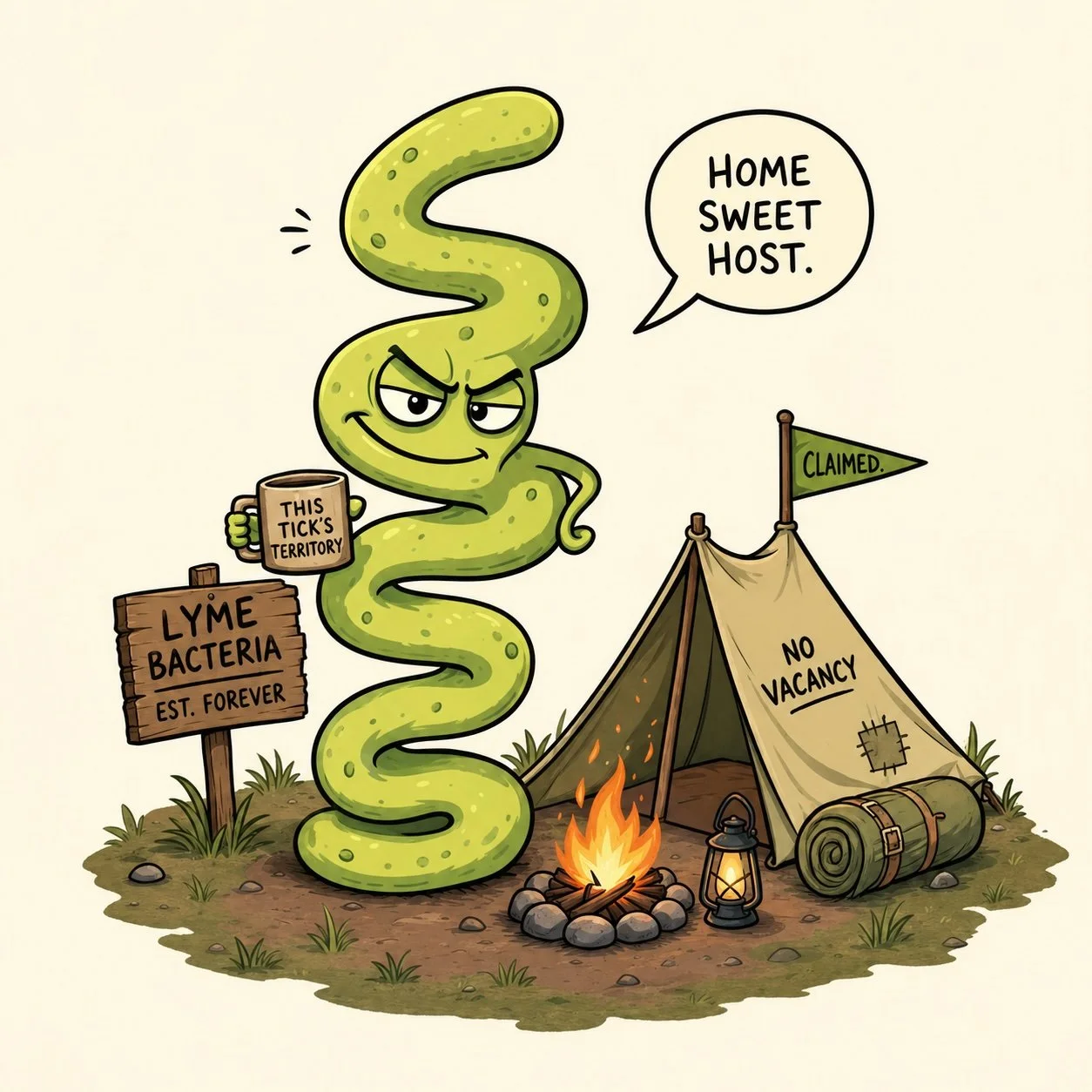 A cartoon illustration of a green tick with a mischievous expression, holding a mug labeled 'This tick's territory,' next to a campsite with a tent marked 'No Vacancy' and a flag that says 'Claimed.' There is a campfire, lantern, and a sign that reads 'Lyme Bacteria Est. Forever.' The tick is saying 'Home sweet host.'