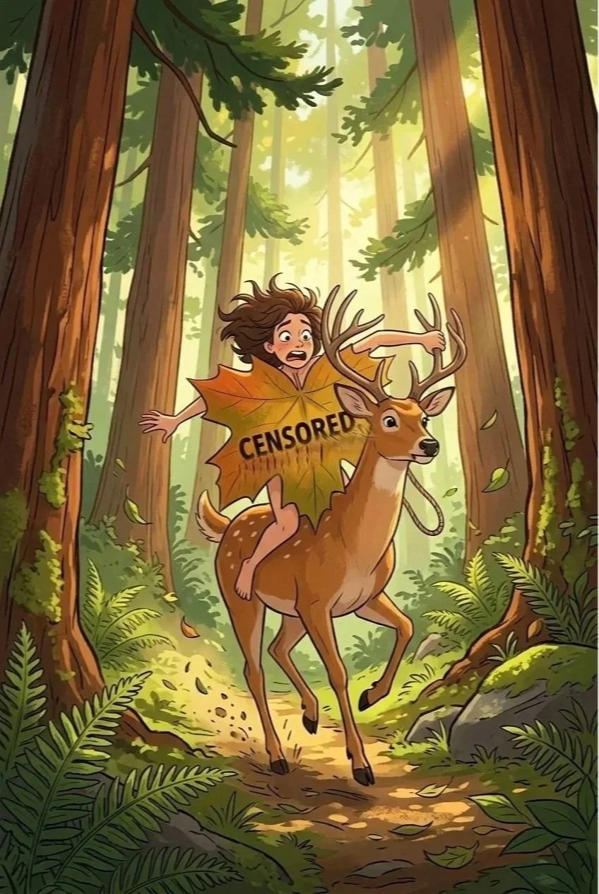 A cartoon girl with leaf-shaped clothing labeled 'CENSORED' riding a deer with large antlers through a forest trail, surrounded by tall trees and lush greenery.