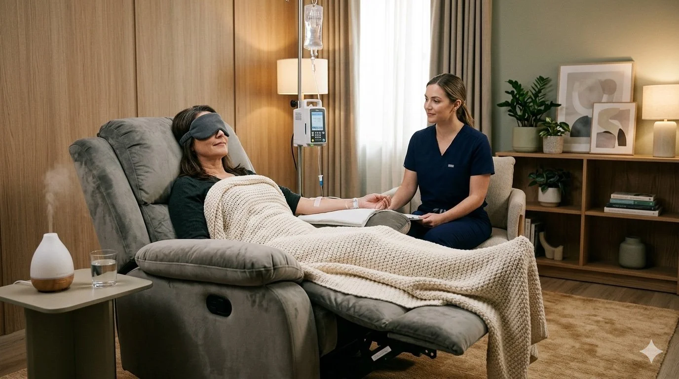 Woman lying in a hospital bed with a grey pillow and blanket, wearing an eye mask and receiving medical treatment, while a nurse holding a tablet sits beside her in a cozy, well-lit room.