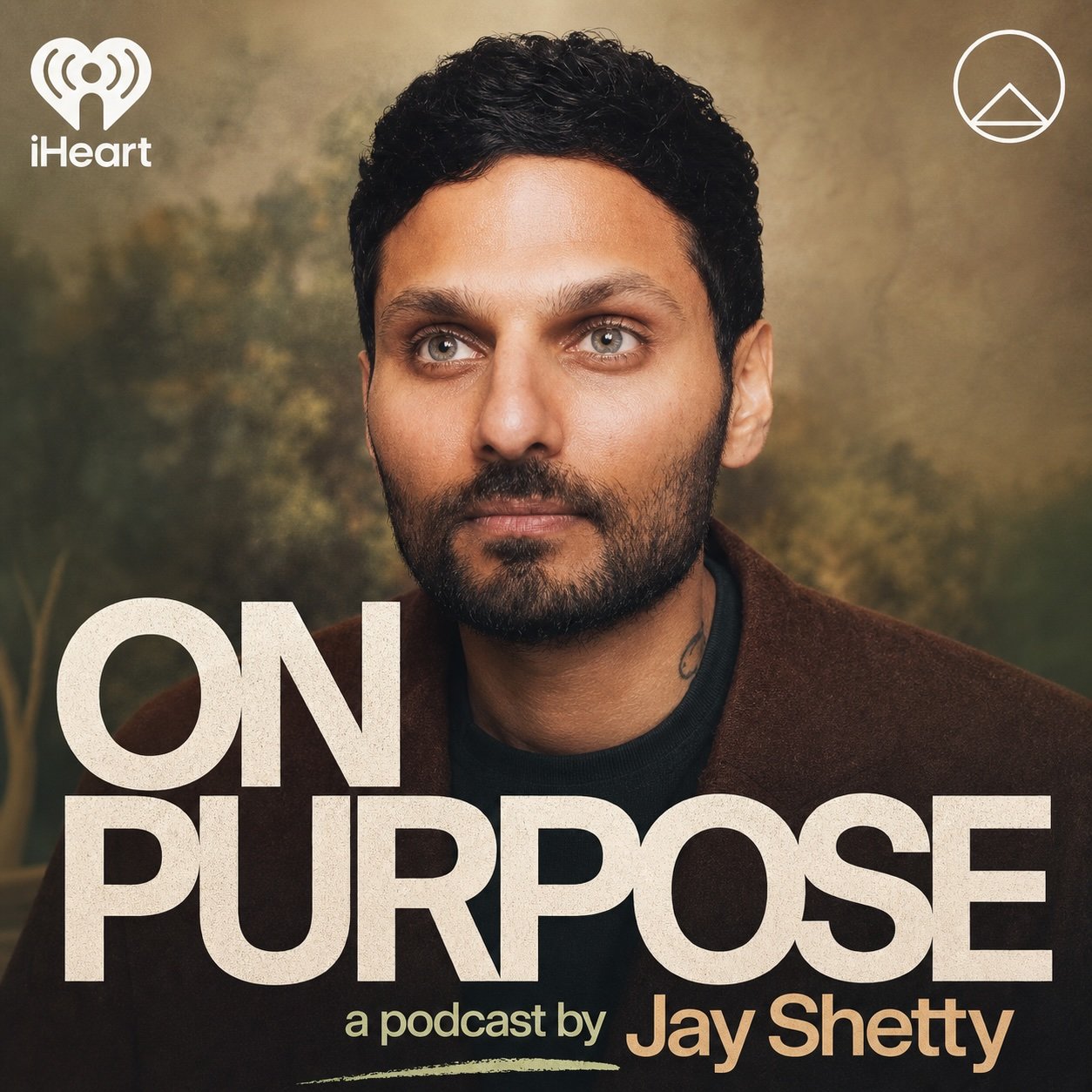 Cover image of the "On Purpose" podcast by Jay Shetty, featuring a close-up portrait of Jay Shetty with a focused expression, set against a blurred outdoor background.