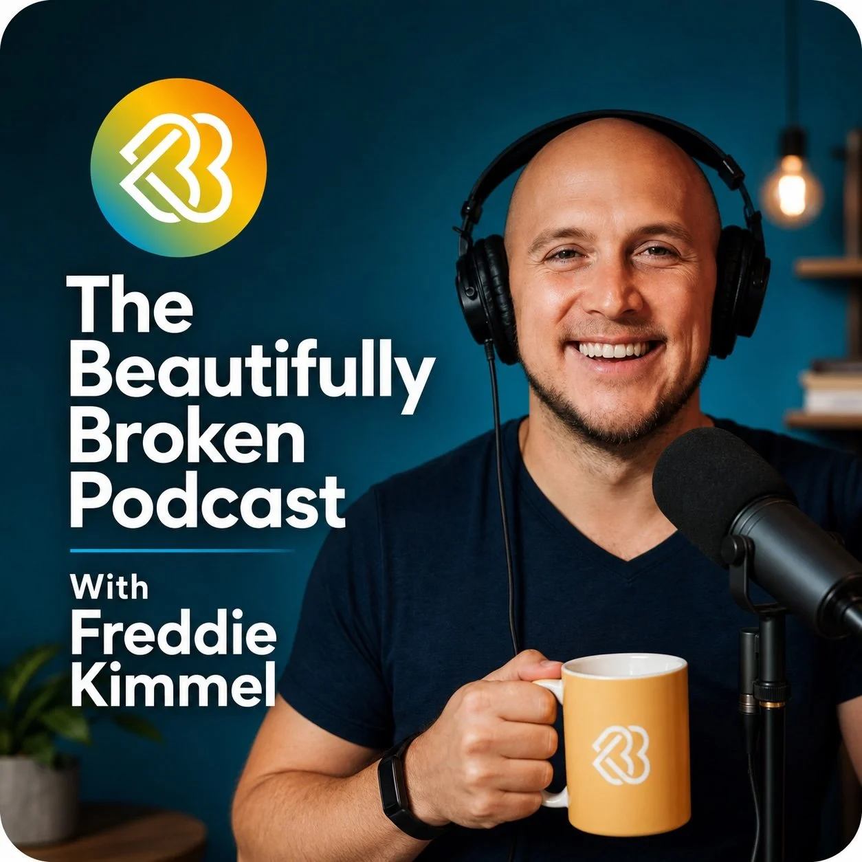 A smiling man wearing headphones holding a yellow coffee mug with a podcast logo, sitting in front of a microphone, promoting 'The Beautifully Broken Podcast' with Freddie Kimmel.