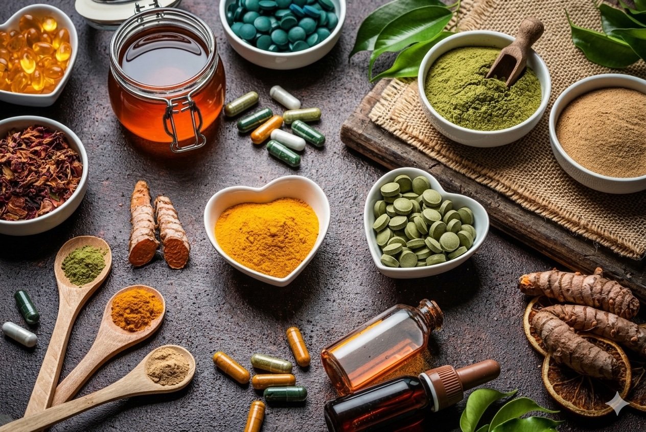 Various herbal supplements, powders, capsules, and oils on a dark surface, including turmeric roots, dried herbs, and green powder in bowls.
