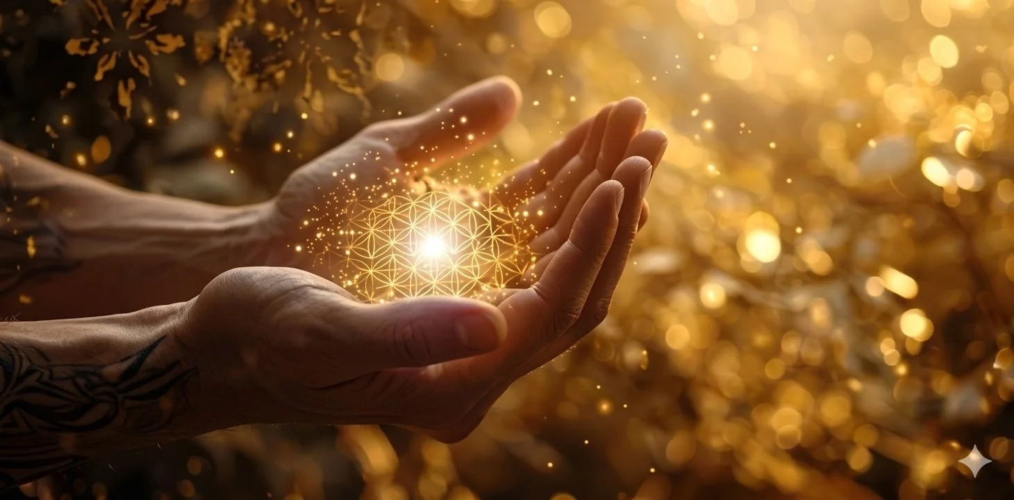 A pair of hands with tattoos, cupping a glowing, digital geometric sphere emitting golden light and sparks, with a blurred, shimmering golden background.