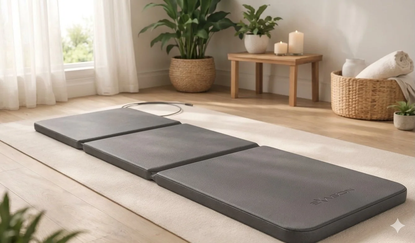 Black exercise mats arranged on a beige rug in a bright, minimalist living room with potted plants, candles, and natural decor.