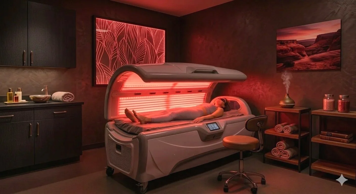 A woman lying inside a red light therapy bed in a spa room with dark walls, a black cabinet with toiletries on the left, a framed desert landscape photo on the right, and a small cabinet with towels, jars, and a lamp emitting steam or vapor.