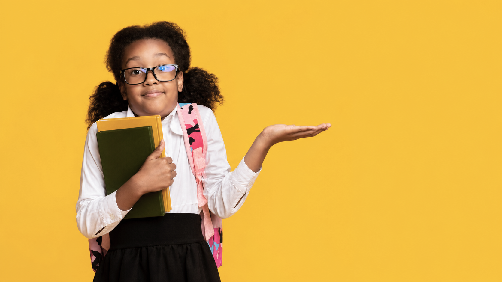 A schoolgirl with glasses holding books and wearing a backpack, standing against a yellow background, gesturing with her hand.