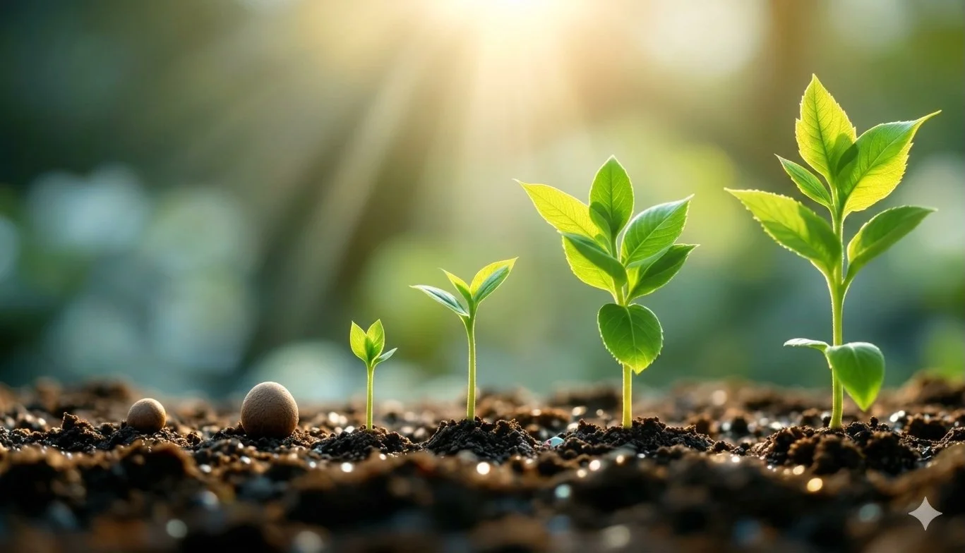 Four stages of plant growth in soil, from seed to sprout to young plant to fully grown plant, with sunlight shining in the background.