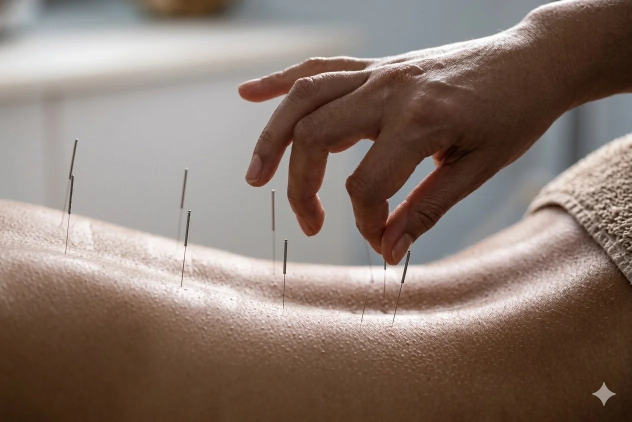 A close-up of an acupuncture session showing a practitioner's hand inserting acupuncture needles into a person's bare back.