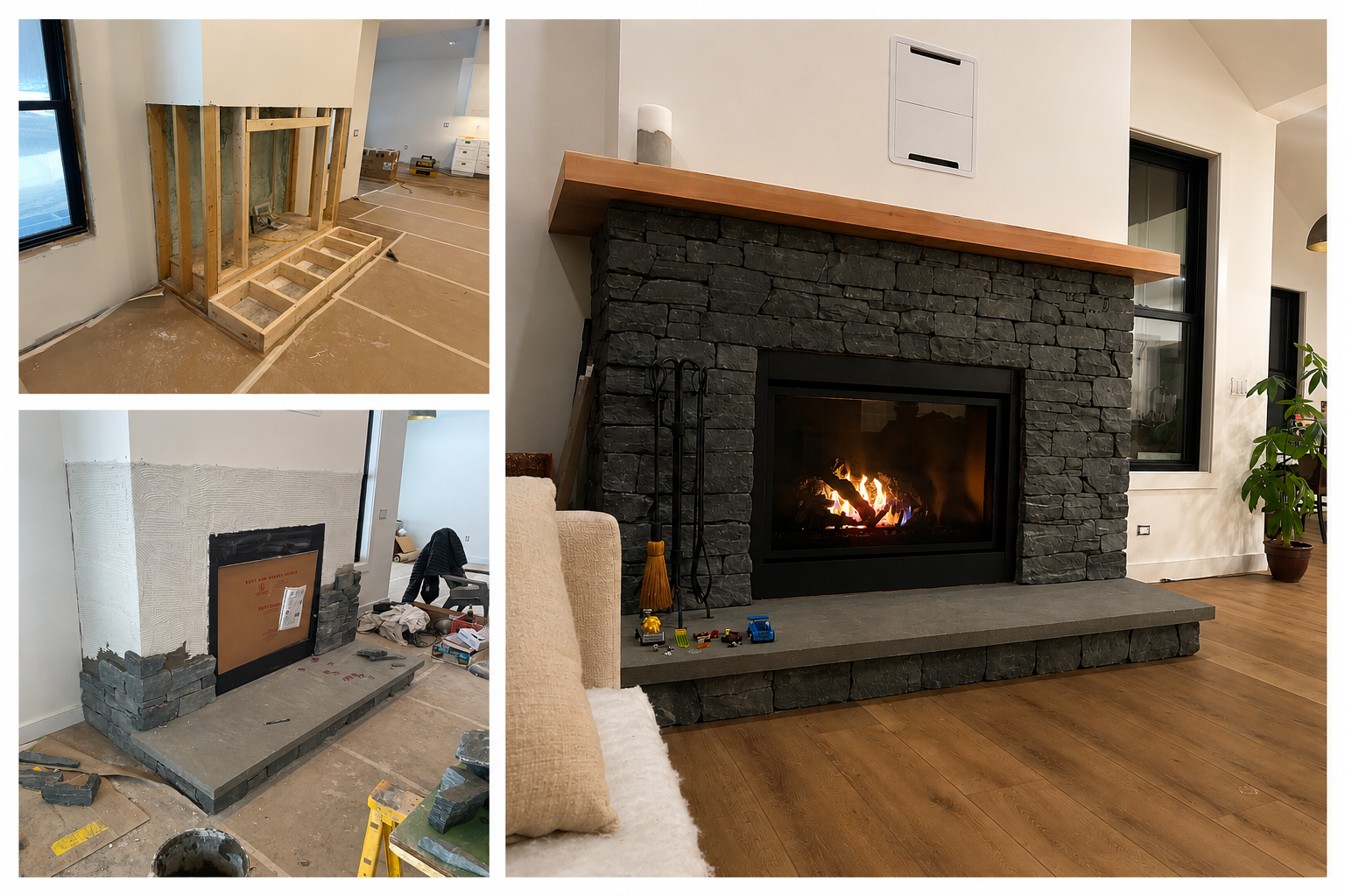 Collage of three images showing the renovation process of a living room fireplace. The top left image shows the framing stage with wooden studs and construction tools. The bottom left image displays a fireplace being built with gray stone around the opening. The right image reveals a finished living room with a black stone fireplace, a wooden mantel, and a cozy fire burning inside.