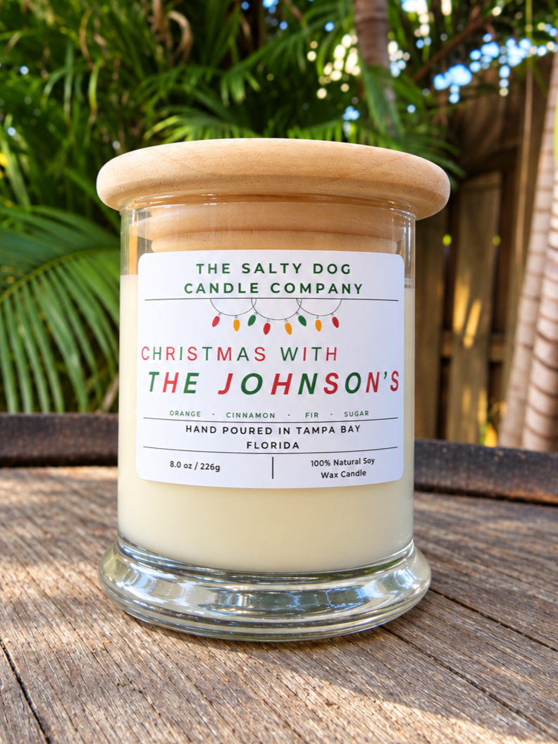 Custom Christmas candle hand poured in Tampa Bay