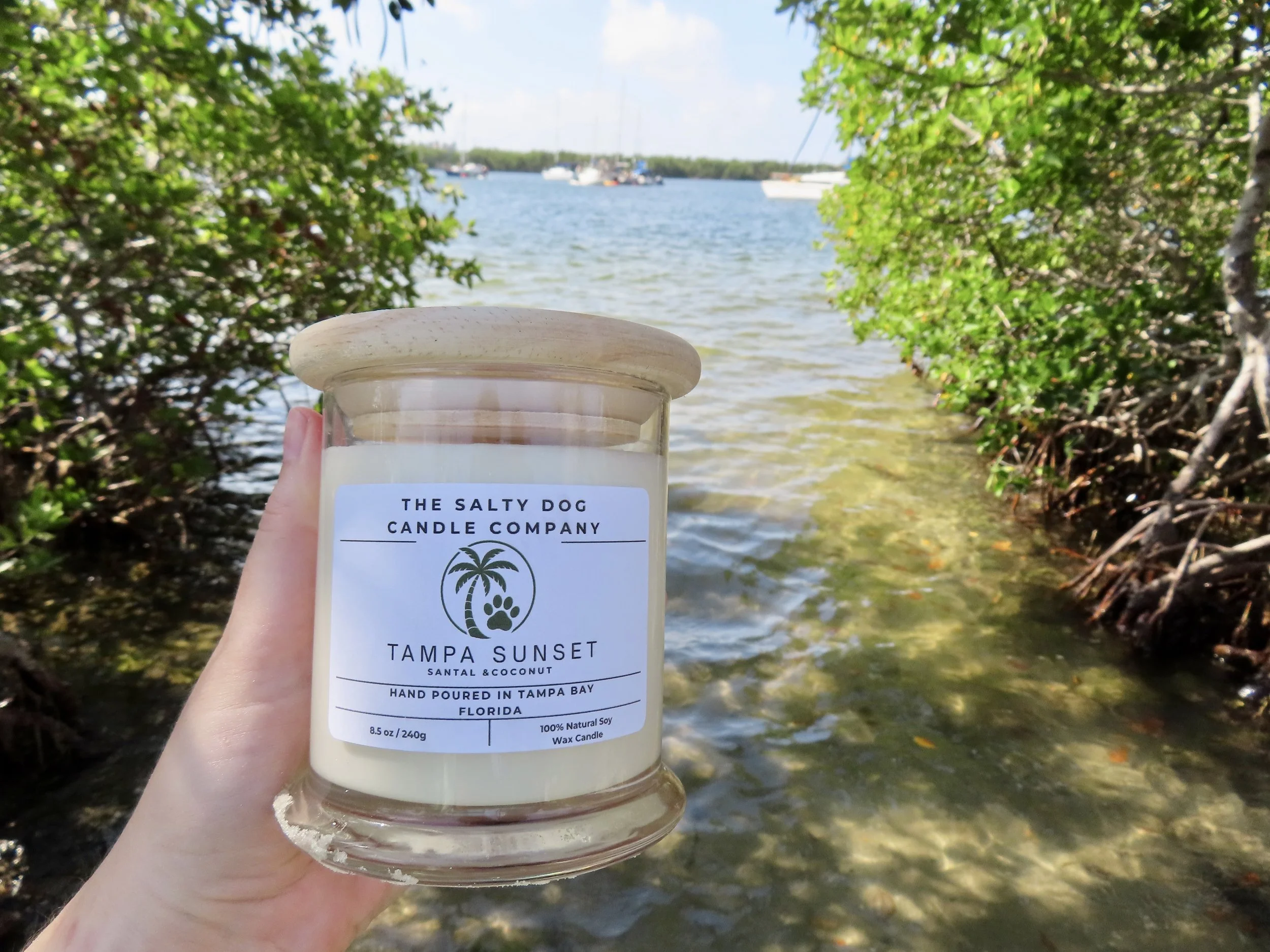 A hand holding a candle container from The Salty Dog Candle Company with a waterfront background, trees, and boats on the water.