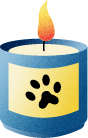 A lit birthday cake with a paw print design on the side.