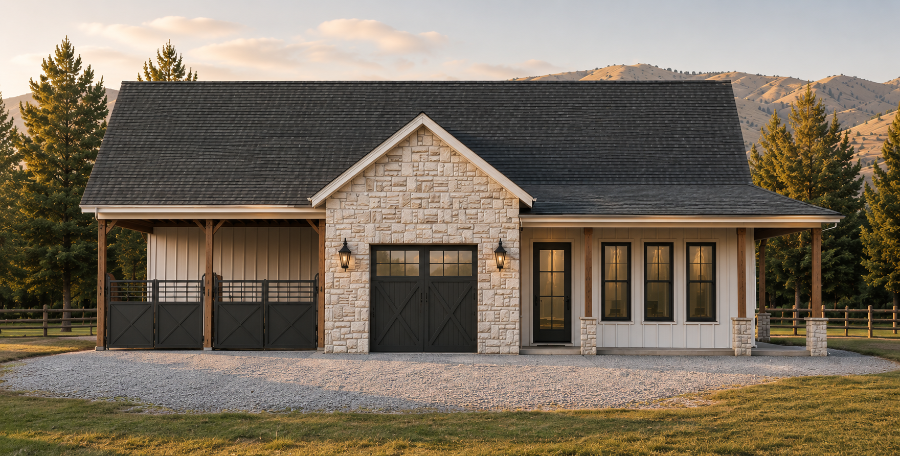ADU barn house with a stone facade, black barn doors, and a covered porch, surrounded by trees and mountains at sunset.