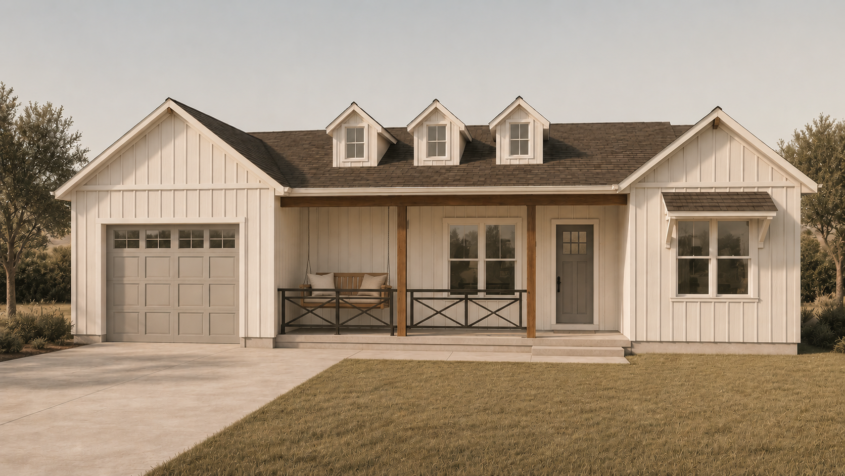 Front view of a modern farmhouse-style home with white vertical siding, a garage, a porch with a swing, and decorative dormer windows on the roof.