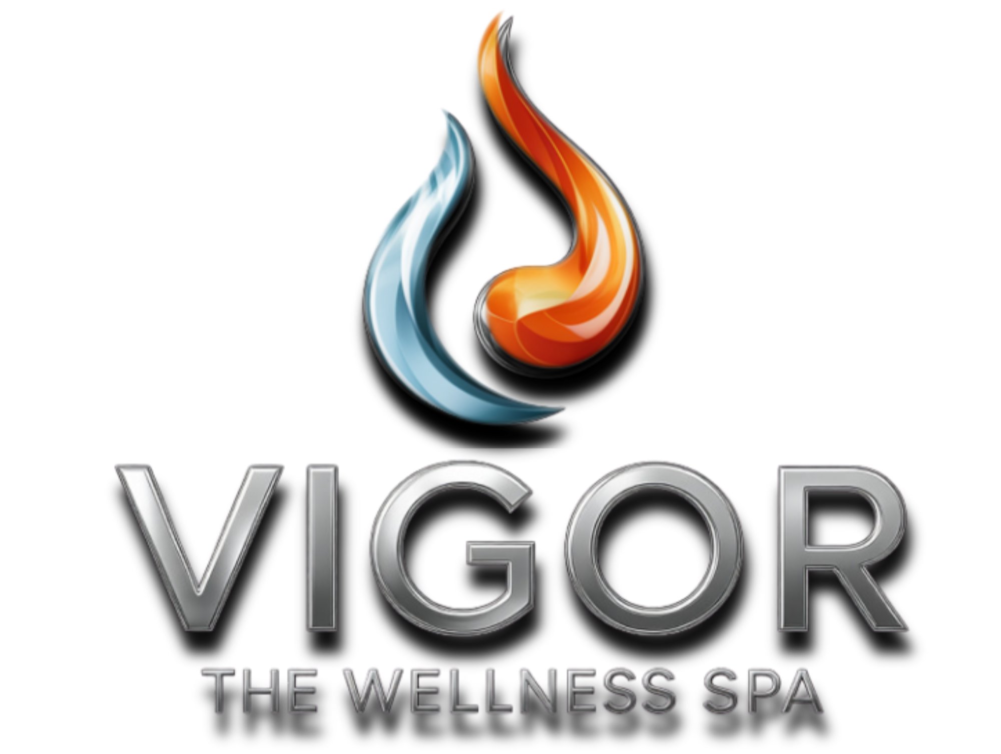 Logo of the Vigor Wellness Spa, featuring stylized flames or water elements in orange and blue above the words "Vigor" and "The Wellness Spa" on a black background.