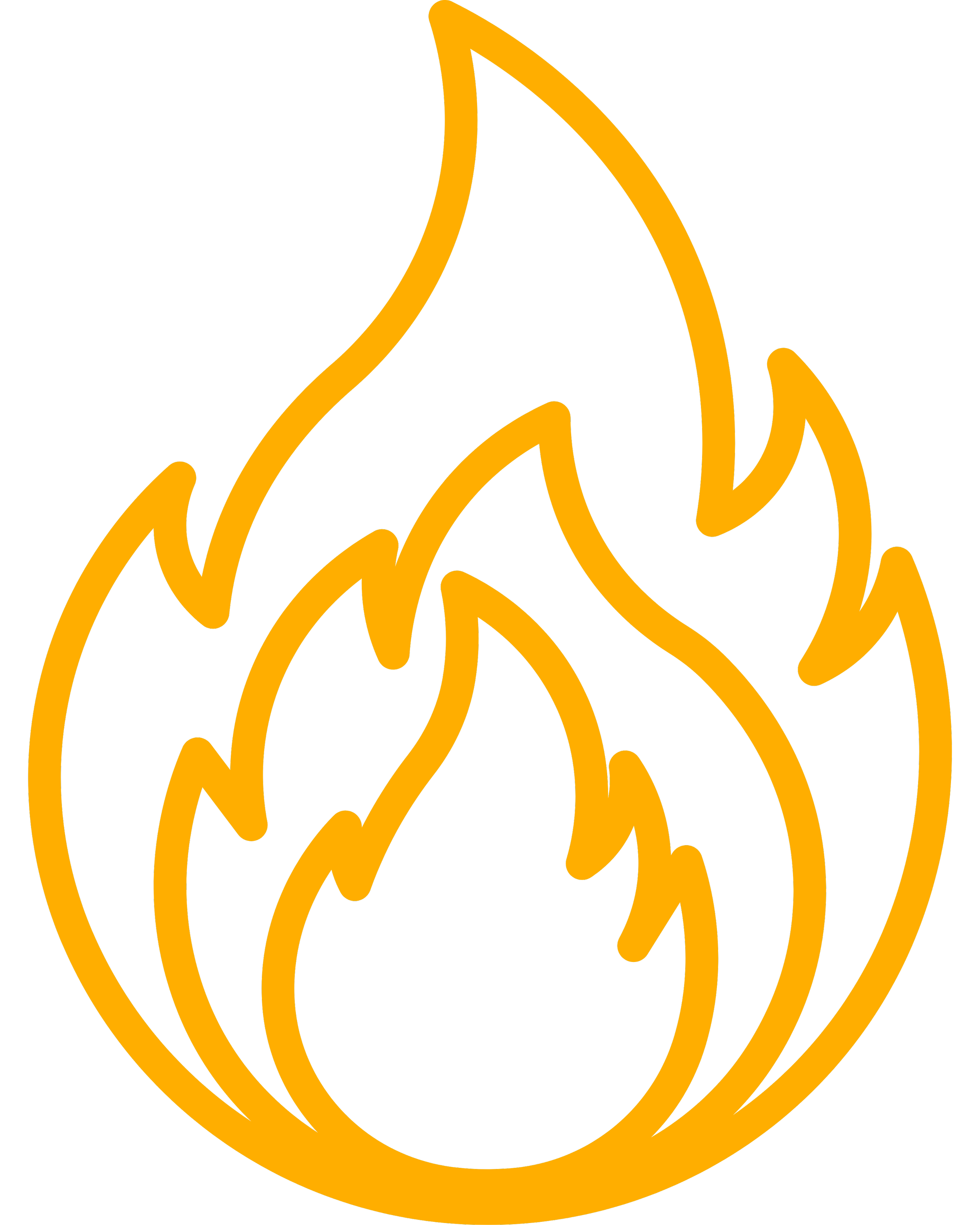 Outline of a flame logo in orange on a black background.