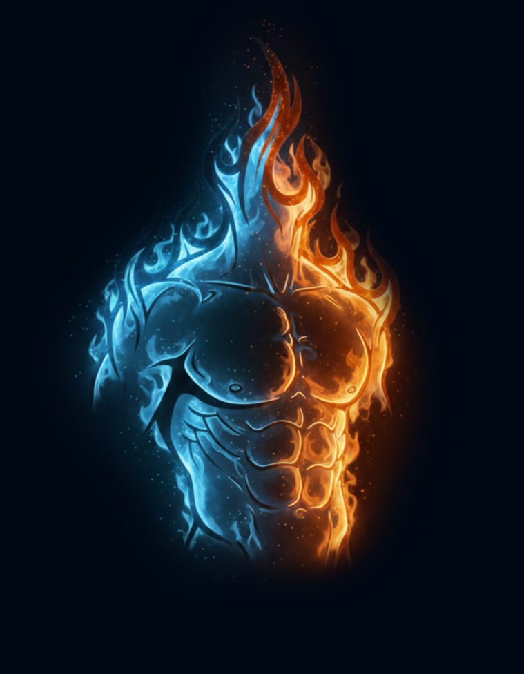 Digital artwork of a muscular male torso with flames, blue on the left side and orange on the right, representing fire and heat.