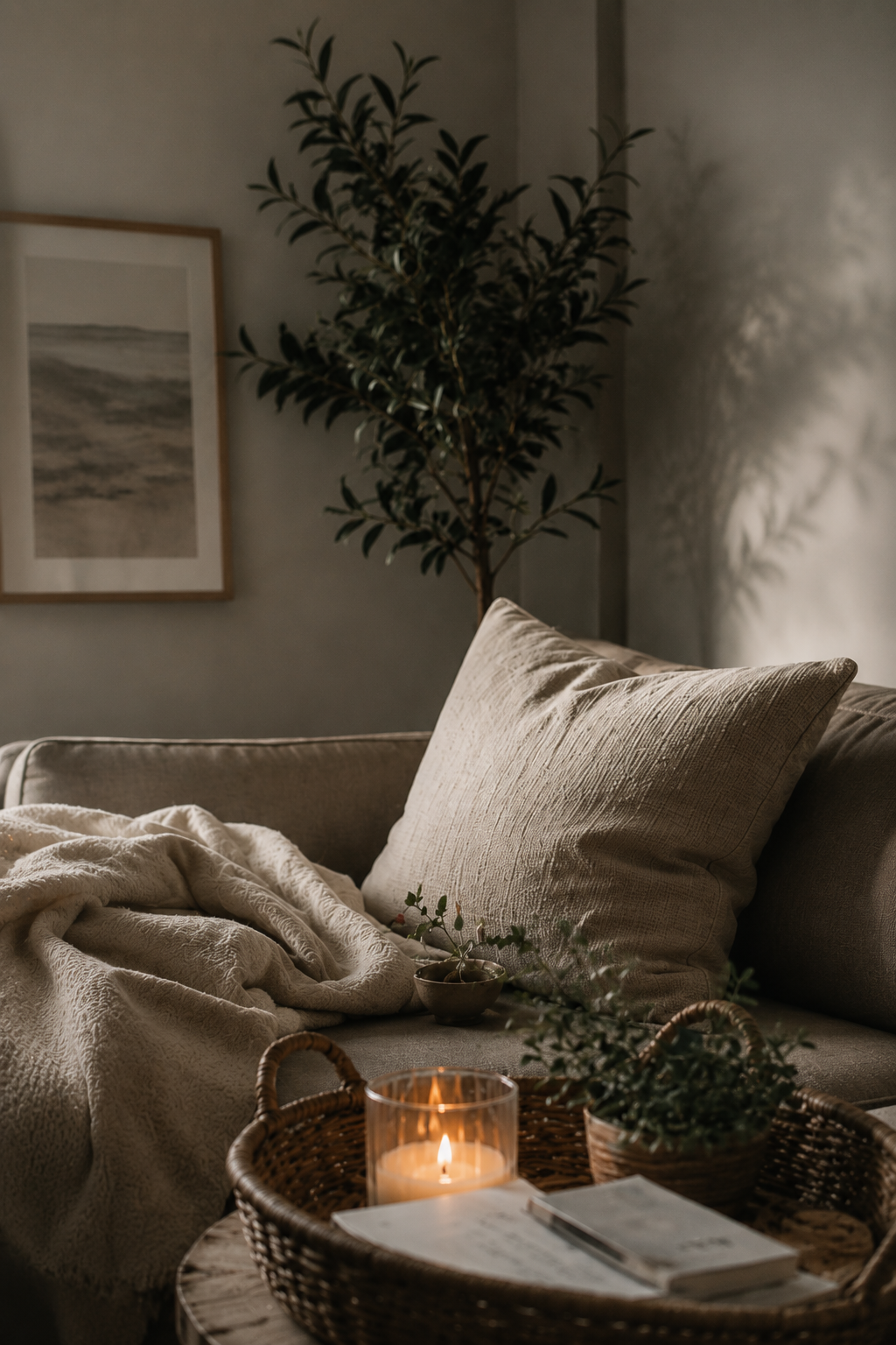A lonely and empty bed with a beige textured sofa adorned with throw pillows, a blanket, and a small potted plant. There's a lit candle in a glass holder on a woven tray, with a book beside it. A large leafy plant castes shadows on the wall.