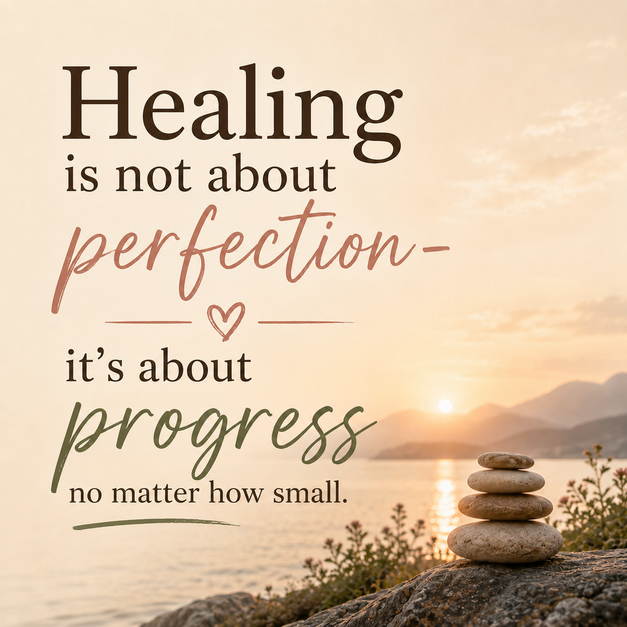 Inspirational quote about healing and progress with a sunset over water and stacked stones in the foreground.