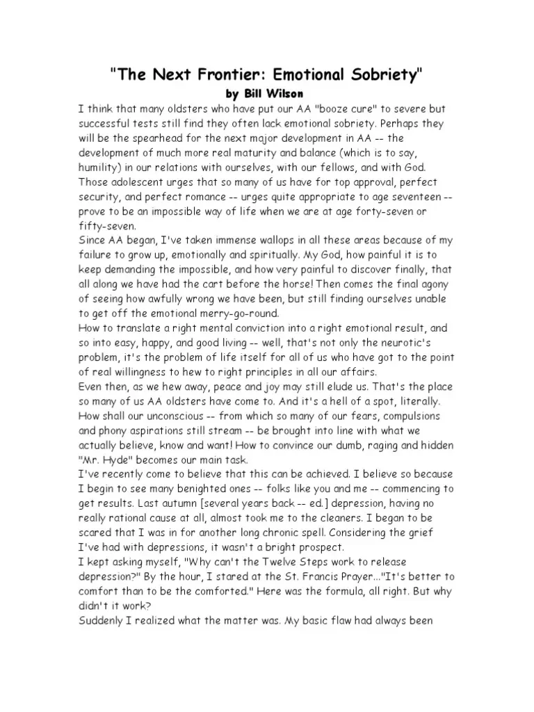 Photo of a printed page with a title 'The Next Frontier: Emotional Sobriety' by Bill Wilson, discussing emotional sobriety and personal growth in Alcoholics Anonymous.