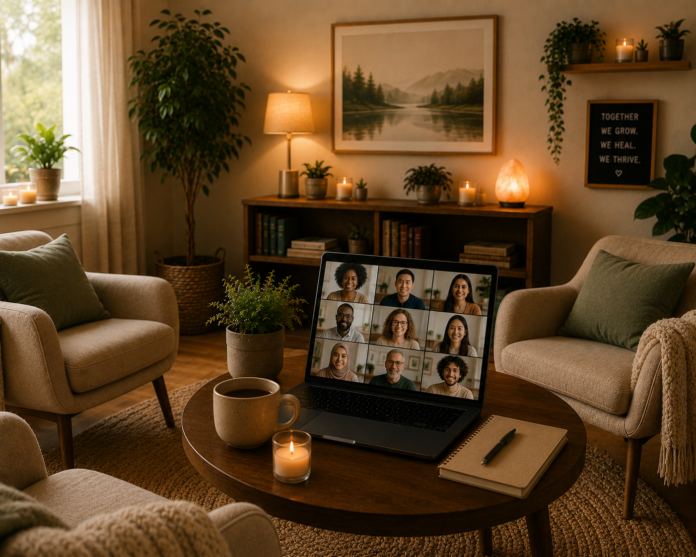 Cozy living room with a wooden coffee table holding a laptop displaying a video call with nine diverse people, a cup of coffee, a lit candle, a planner with a pen, and a small potted plant. There are beige armchairs and a sofa, a wooden bookshelf, a large framed landscape photograph, a tall lamp, candles, potted plants, and a window with curtains.