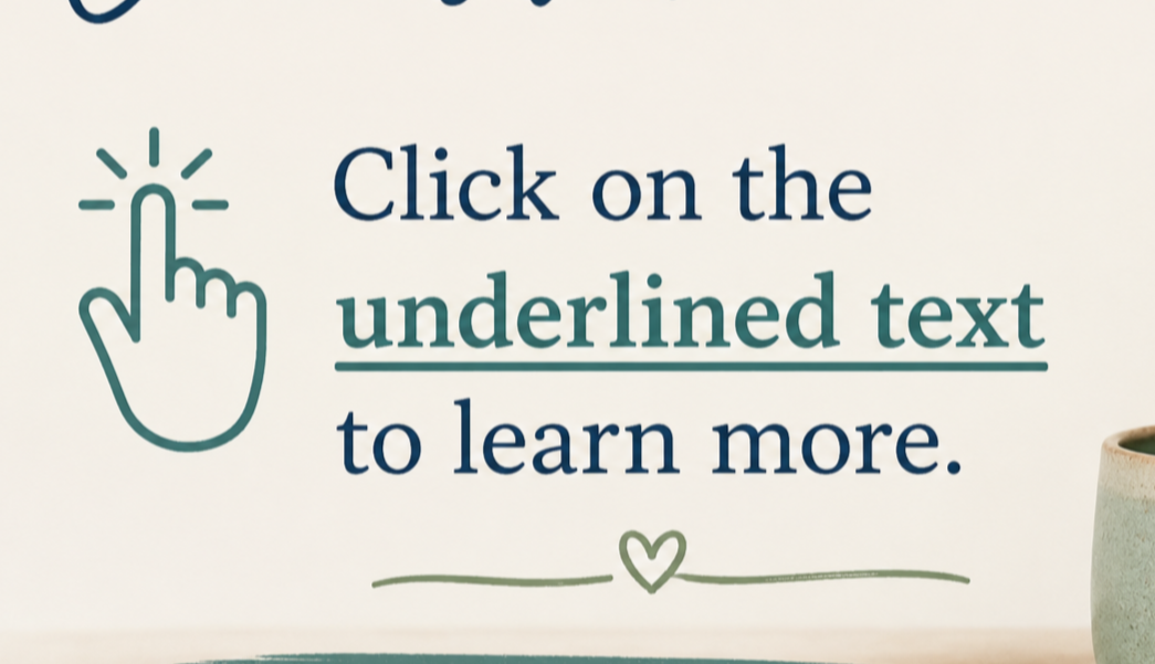 A sign with a hand icon clicking on underline text, reading 'Click on the underlined text to learn more'.