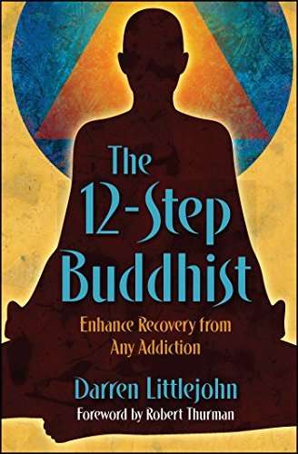 Book cover for "The 12-Step Buddhist: Enhance Recovery from Any Addiction" by Darren Littlejohn. Features a silhouette of a person in meditation with a large orange triangle and circular background.