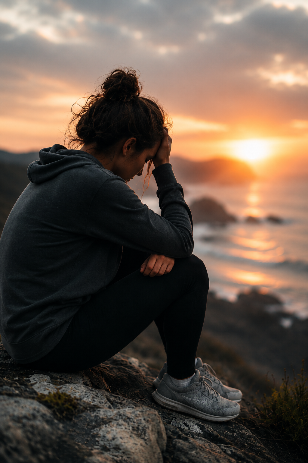 A woman sitting on rocks at sunset, holding her head in her hand, with a pensive or upset expression.  She sits alone.