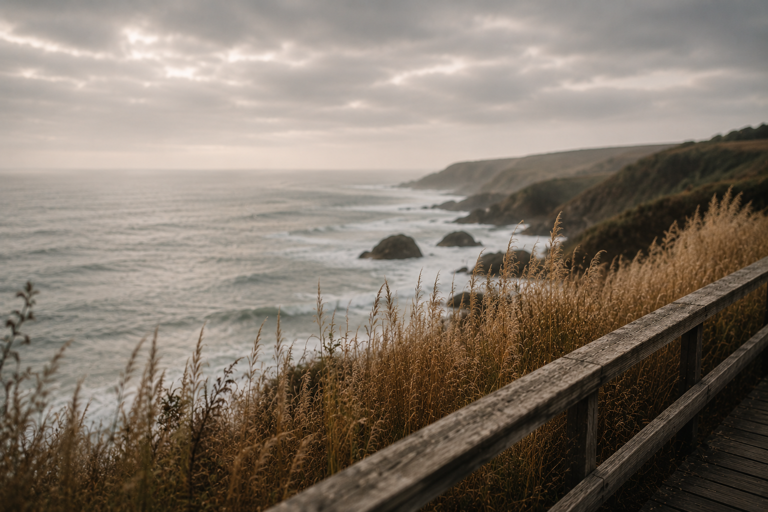 Coastal view with ocean waves, rocky shoreline, grassy hillside, and cloudy sky, taken from a wooden walkway.