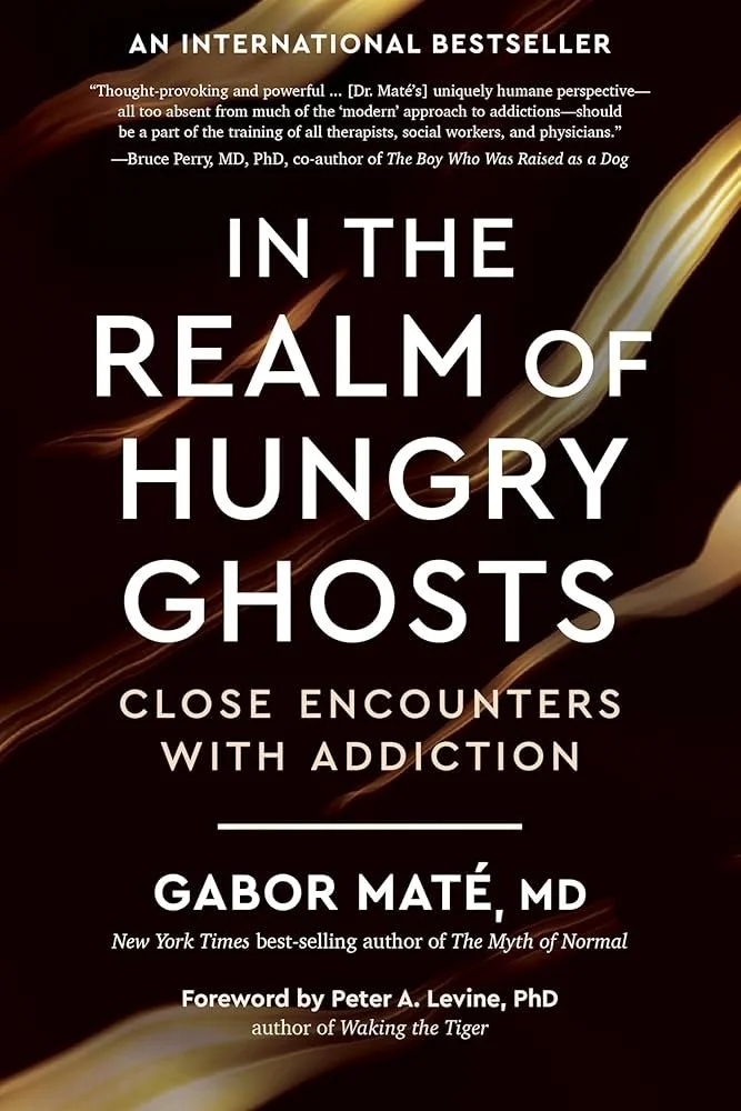 Book cover titled "In the Realm of Hungry Ghosts" by Gabor Maté, MD, with a foreword by Peter Levine, PhD. The cover features a dark background with swirling, golden and reddish abstract lines.