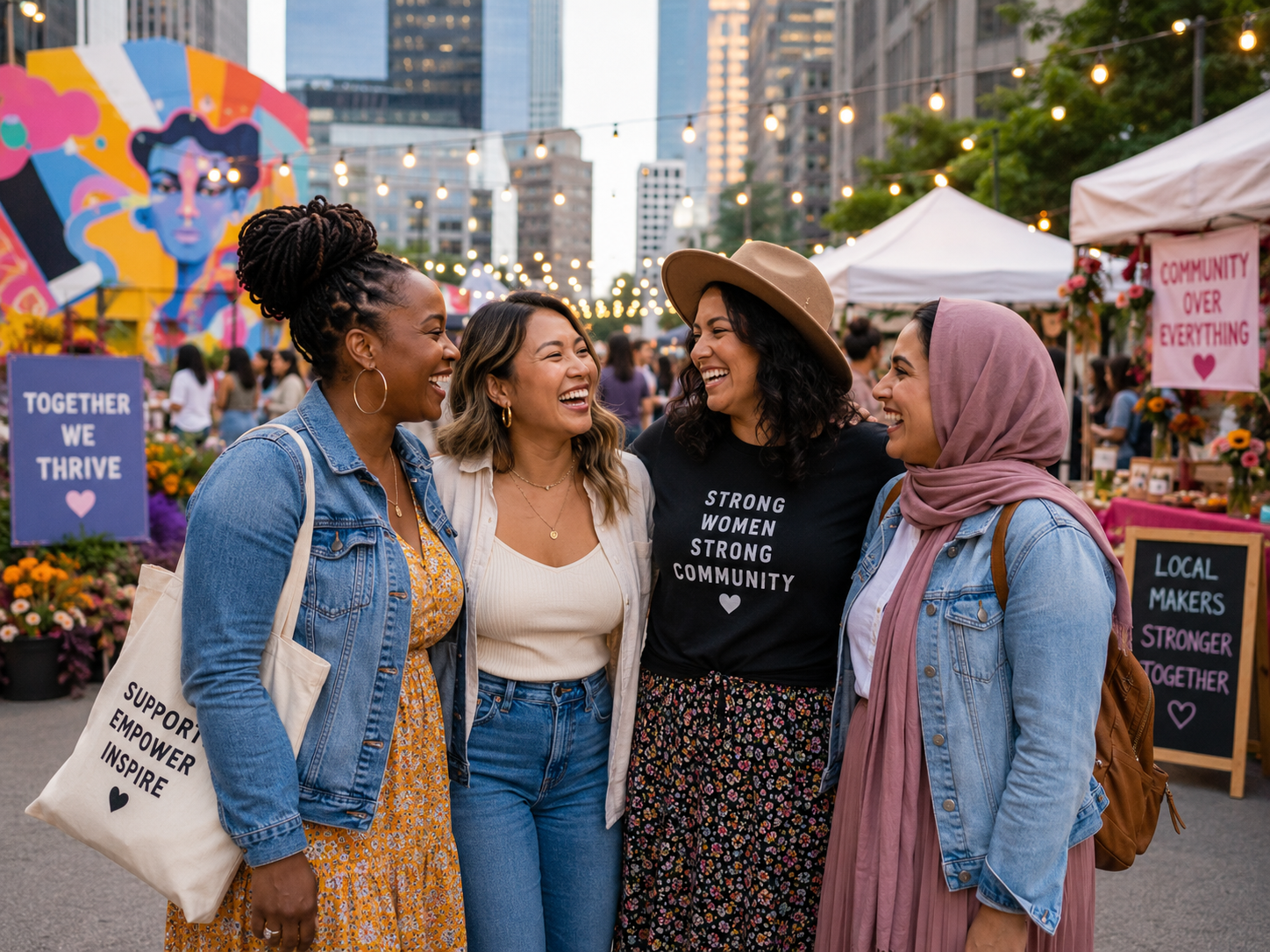 Four women of diverse backgrounds laughing and smiling together at an outdoor community event or market, with tents, signs, and a cityscape in the background.