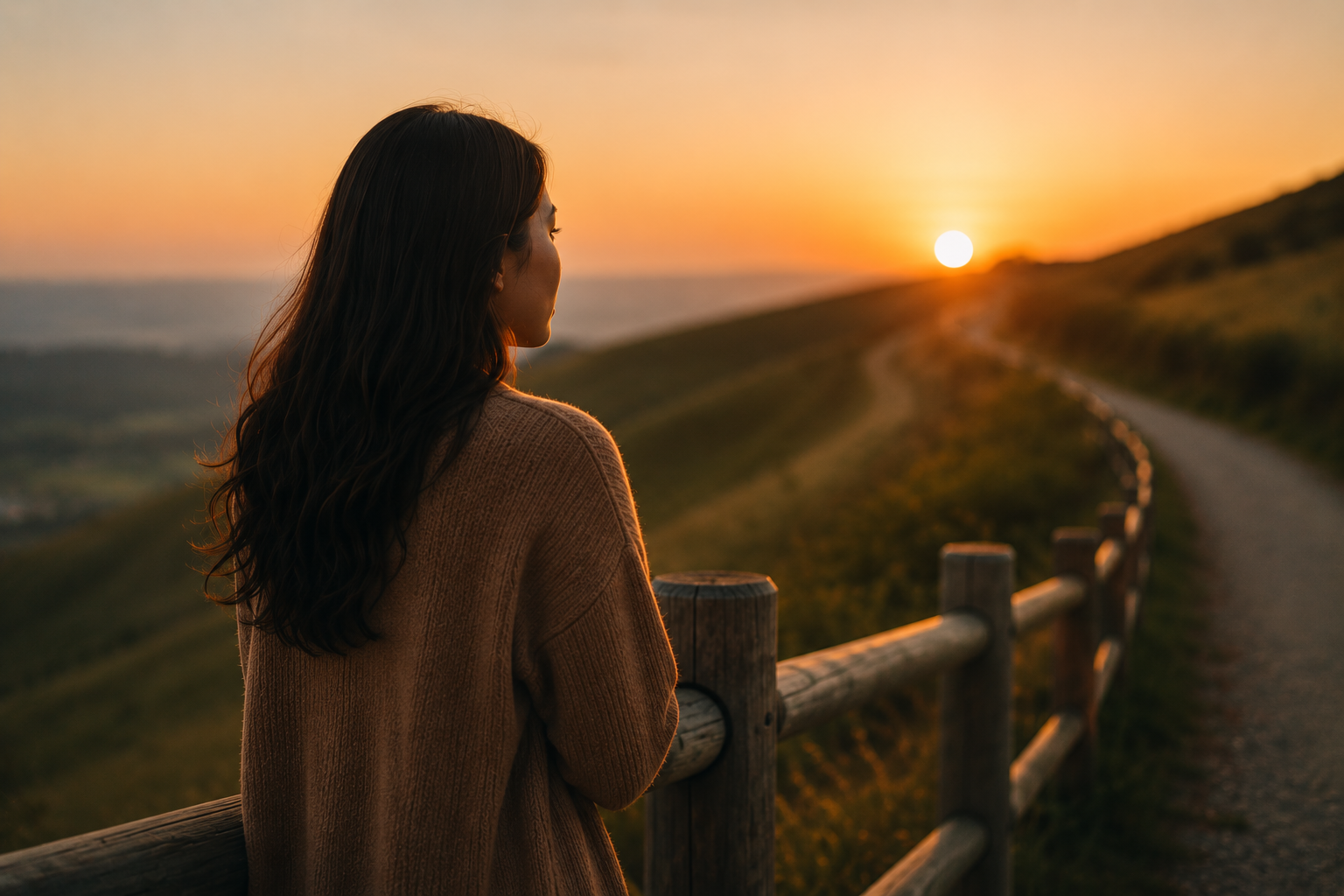 A woman with long dark hair and a brown sweater standing by a wooden fence, looking at the sunset over a winding path and rolling hills.