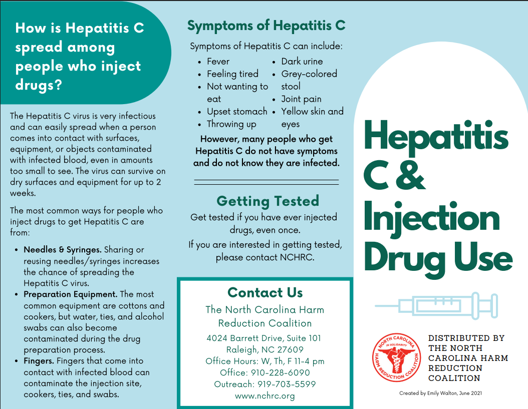 Informational poster about Hepatitis C and injection drug use, listing symptoms like fever, tiredness, dark urine, and joint pain, and explaining how the virus spreads through shared needles and syringes. It emphasizes getting tested and provides contact information for the North Carolina Harm Reduction Coalition.