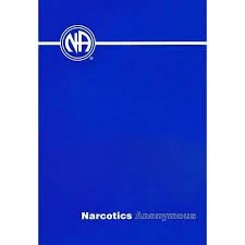 Blue book cover titled 'Narcotics Anonymous' with a white logo at the top left.