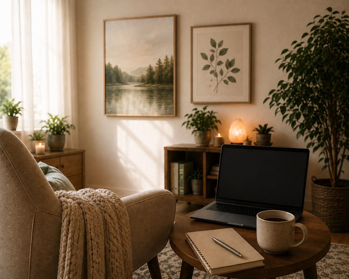 Cozy telehealth counseling office with a laptop, notebook, pen, mug, and blanket on a chair, with framed artwork, potted plants, a salt lamp, and candle on the wall and side tables