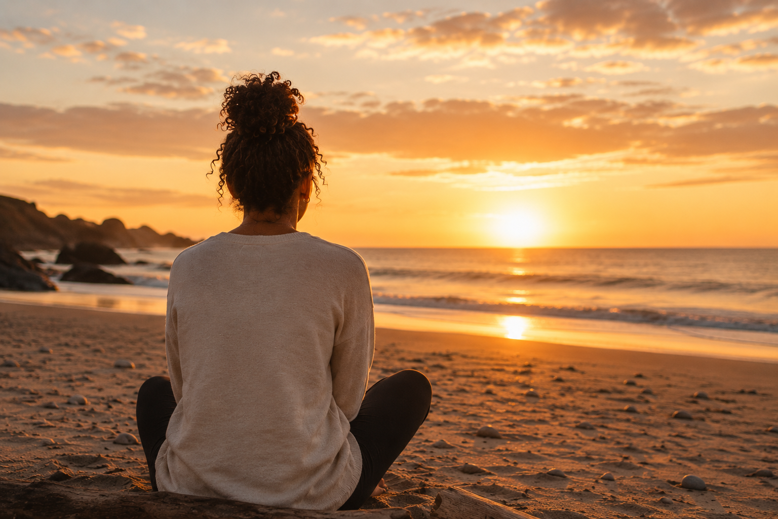 A woman sitting on the beach during sunset, facing the ocean with a contemplative feel, wearing a light sweater and dark pants, with rocks in the background and a partly cloudy sky.